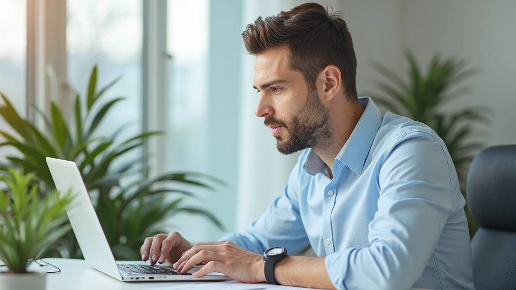 Person som arbetar vid skrivbord med fokuserad uttryck, representerar mental klarhet från bra näring