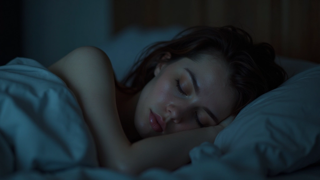 Person som sover lugnt i ett mörknat sovrum med mjuk belysning